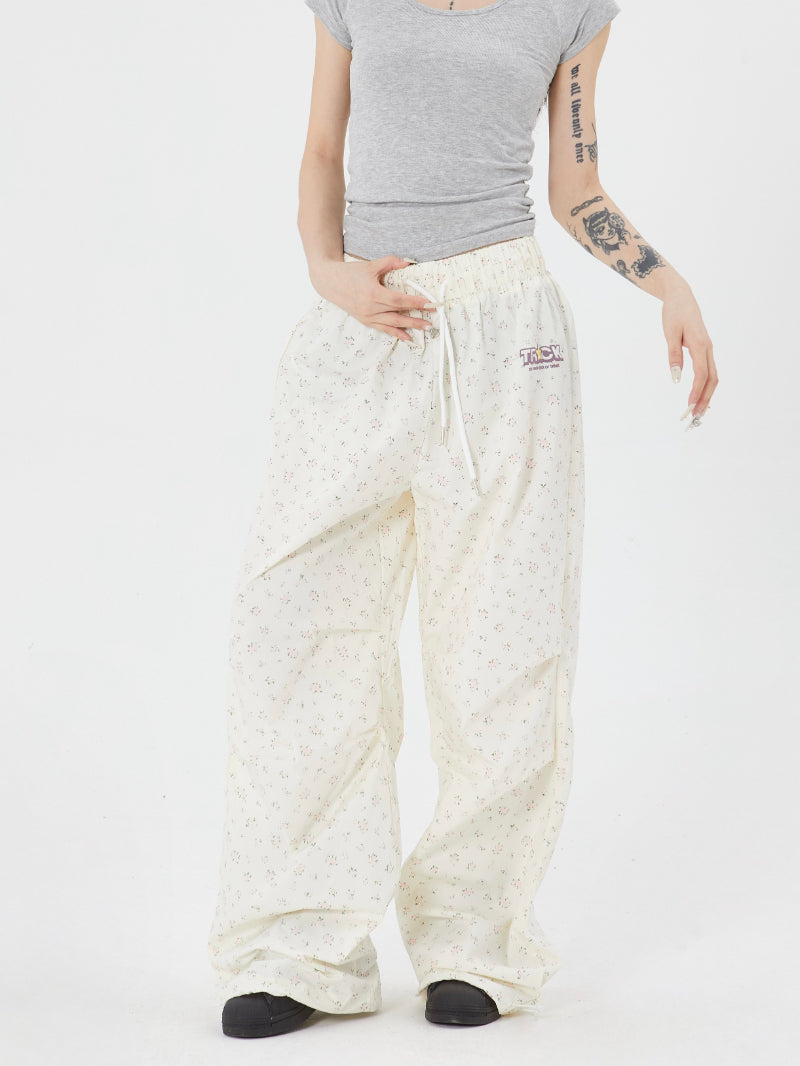 Casual Flared Pants With A Small Floral All-over Print Versatile Street-style Wide-leg Trousers