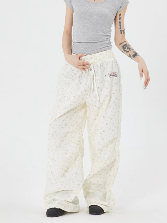 Casual Flared Pants With A Small Floral All-over Print Versatile Street-style Wide-leg Trousers