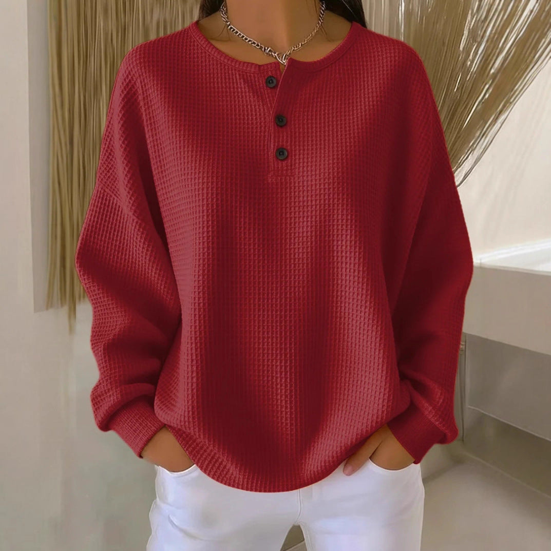 Ins Waffle Langærmet T-shirt Mode Ensfarvet Knapper Rund Hals Pullover Top Damebeklædning