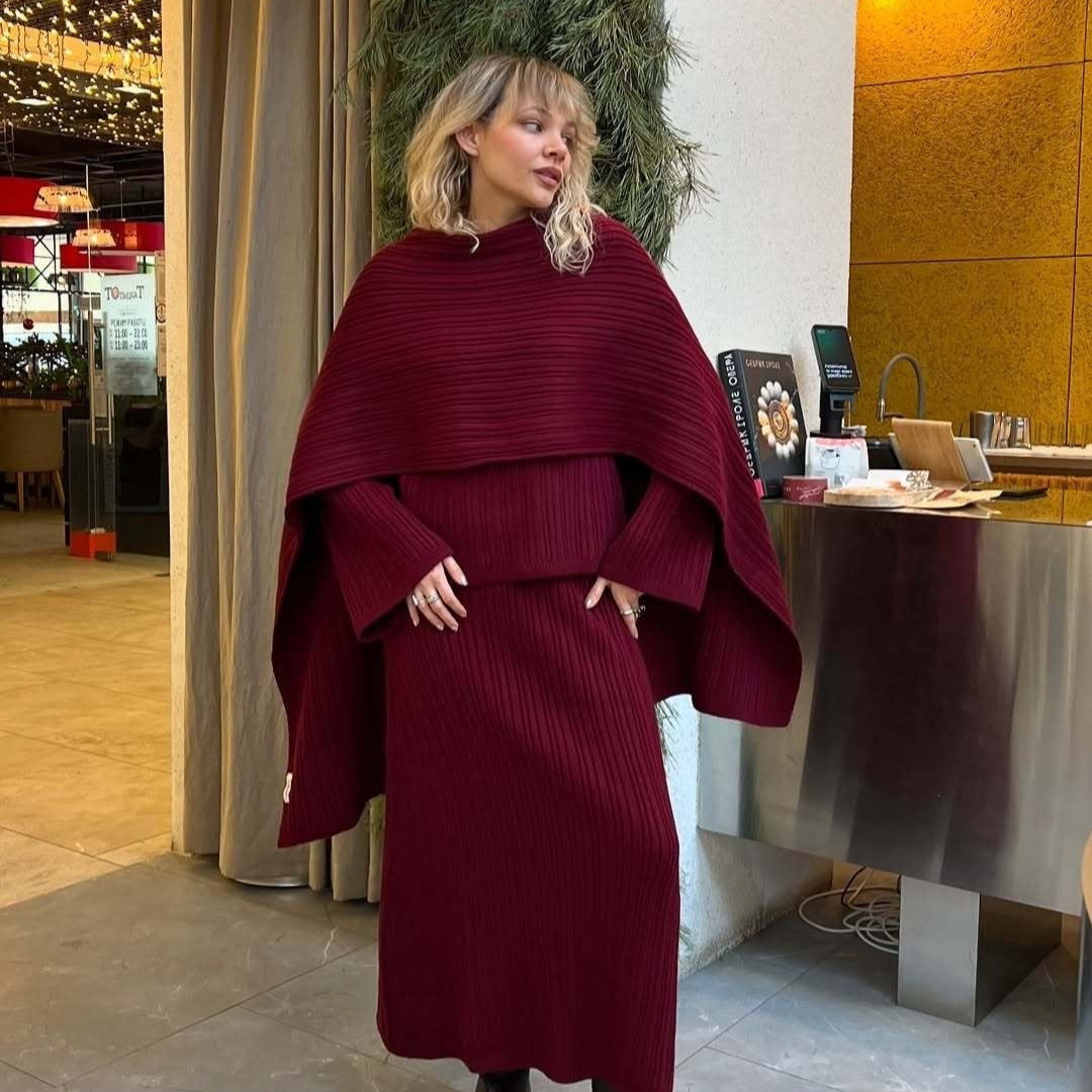 Crew Neck Pullover Sweater Skirt With Scarf Three-piece Set
