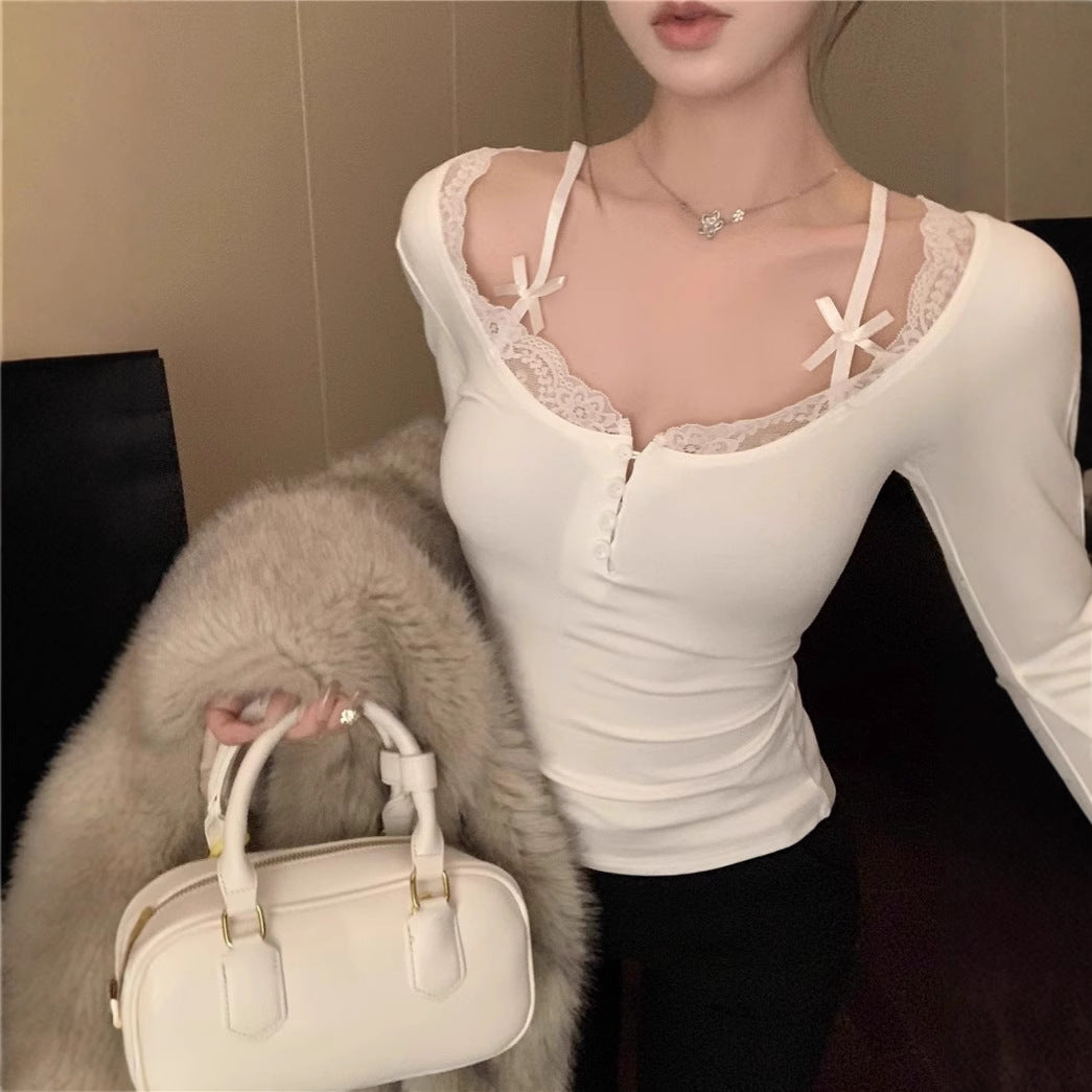 Pure Desire Style Lace Strap Fake Two-piece Dralon Bottoming Shirt For Women