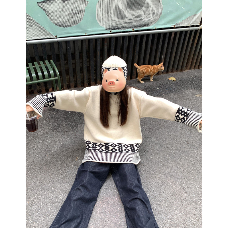 Women's Korean-style Loose Casual Round Neck Brocade Sweater
