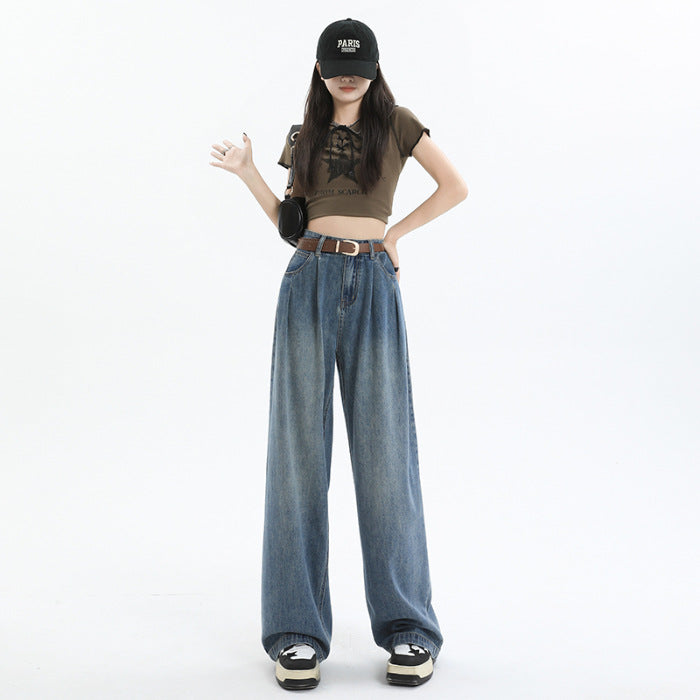 Koreansk stil vidde bukser høj talje løse plisserede lige "Mop" jeans