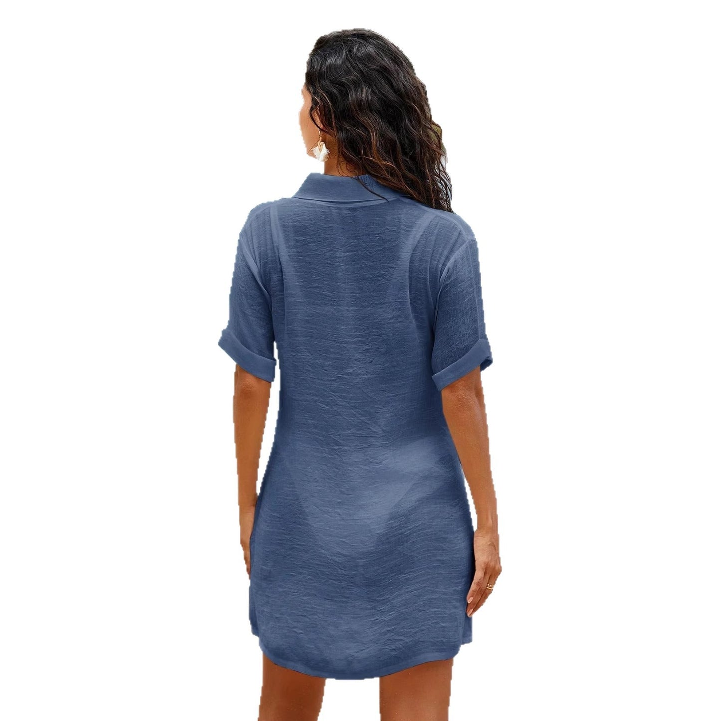 Womens Casual Loose-fitting Solid-color Shirt Dress