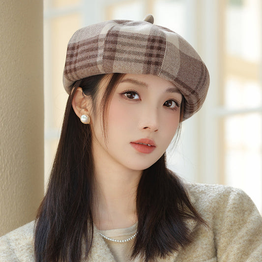 British Style Retro Plaid Octagonal Hat Japanese Style Fashion All-matching