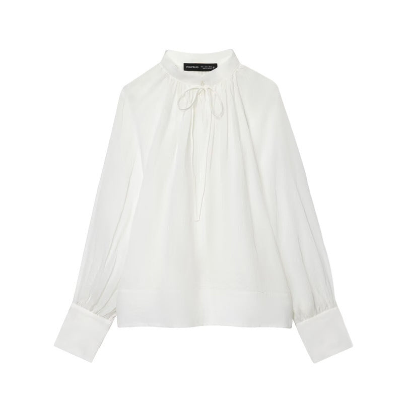 Women's Stand-up Collar Striped Lantern Long Sleeve Top