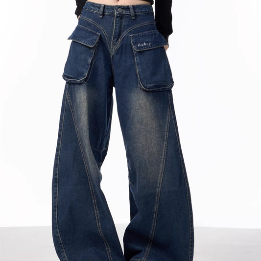 Jeans til kvinder med vide ben, lommer, høj talje, løse bukser