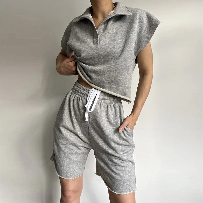 Lapel-collar Full-sleeve Loose Top And Drawstring Shorts Set