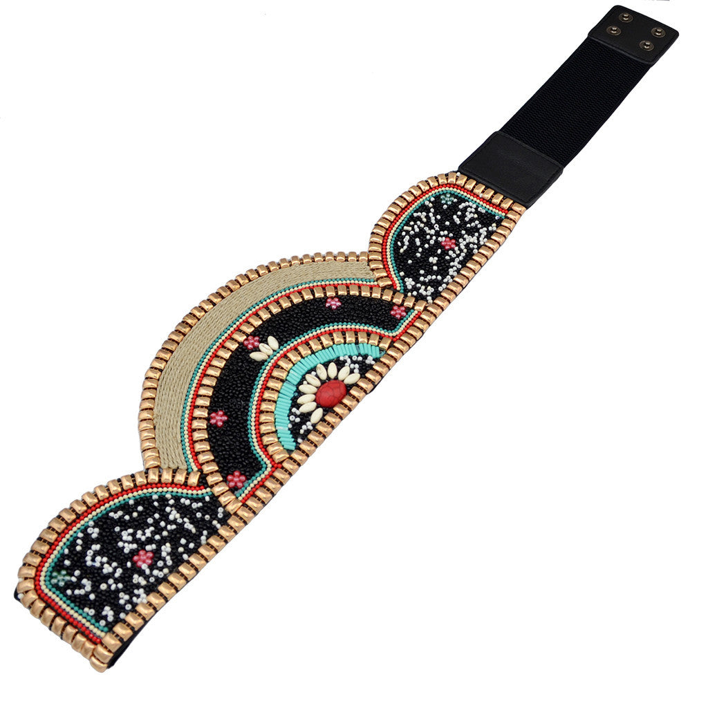 New Autumn And Winter Dress Down Jacket Ladies Wide Waistband Ethnic Style Handmade Exaggerated Rice Beads Metal Texture Belt