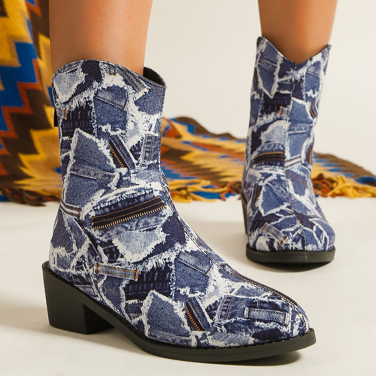 Patchwork Denim Boots Fashion Autumn And Winter Outerwear Round Toe Square Heel Shoes With Back Zipper Casual Cowboy Boots