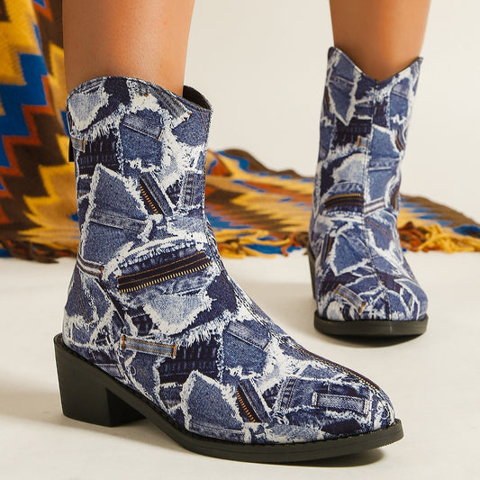 Patchwork Denim Boots Fashion Autumn And Winter Outerwear Round Toe Square Heel Shoes With Back Zipper Casual Cowboy Boots