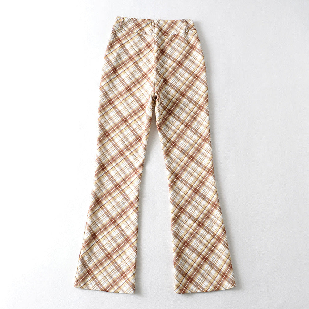 American Retro Flared High Waist Plaid Pants