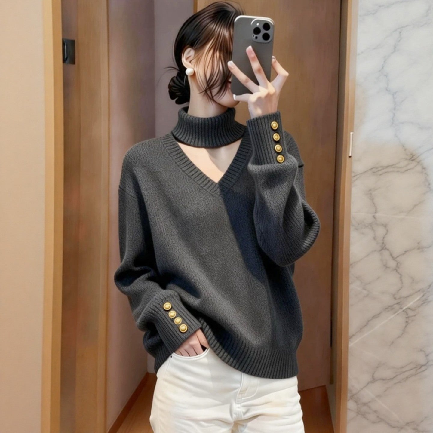Necklace-style V-neck Knit Sweater For Women