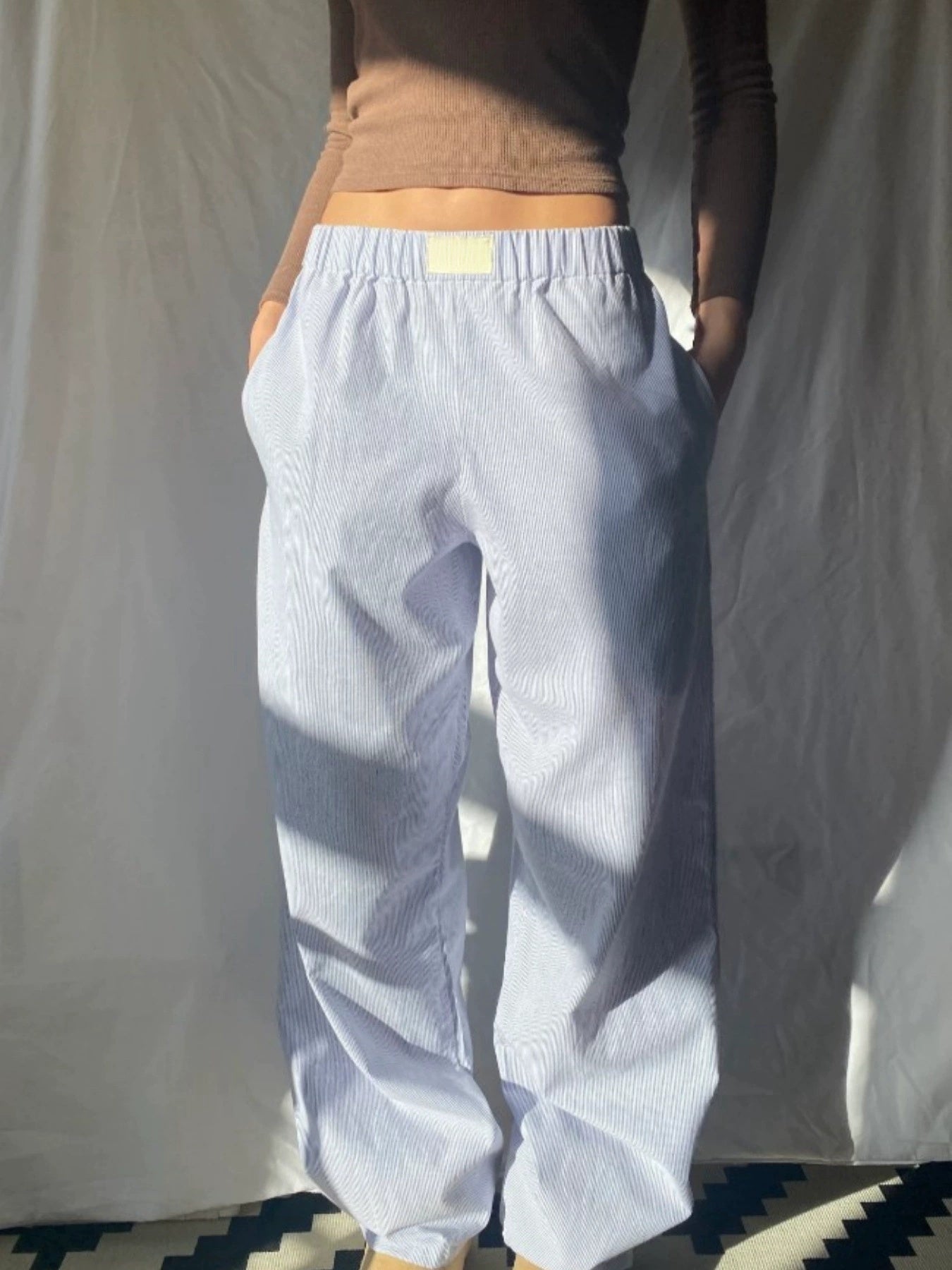 Vertical Stripes Stitching Waist Elastic Wide Leg Pants Fake Two Pieces