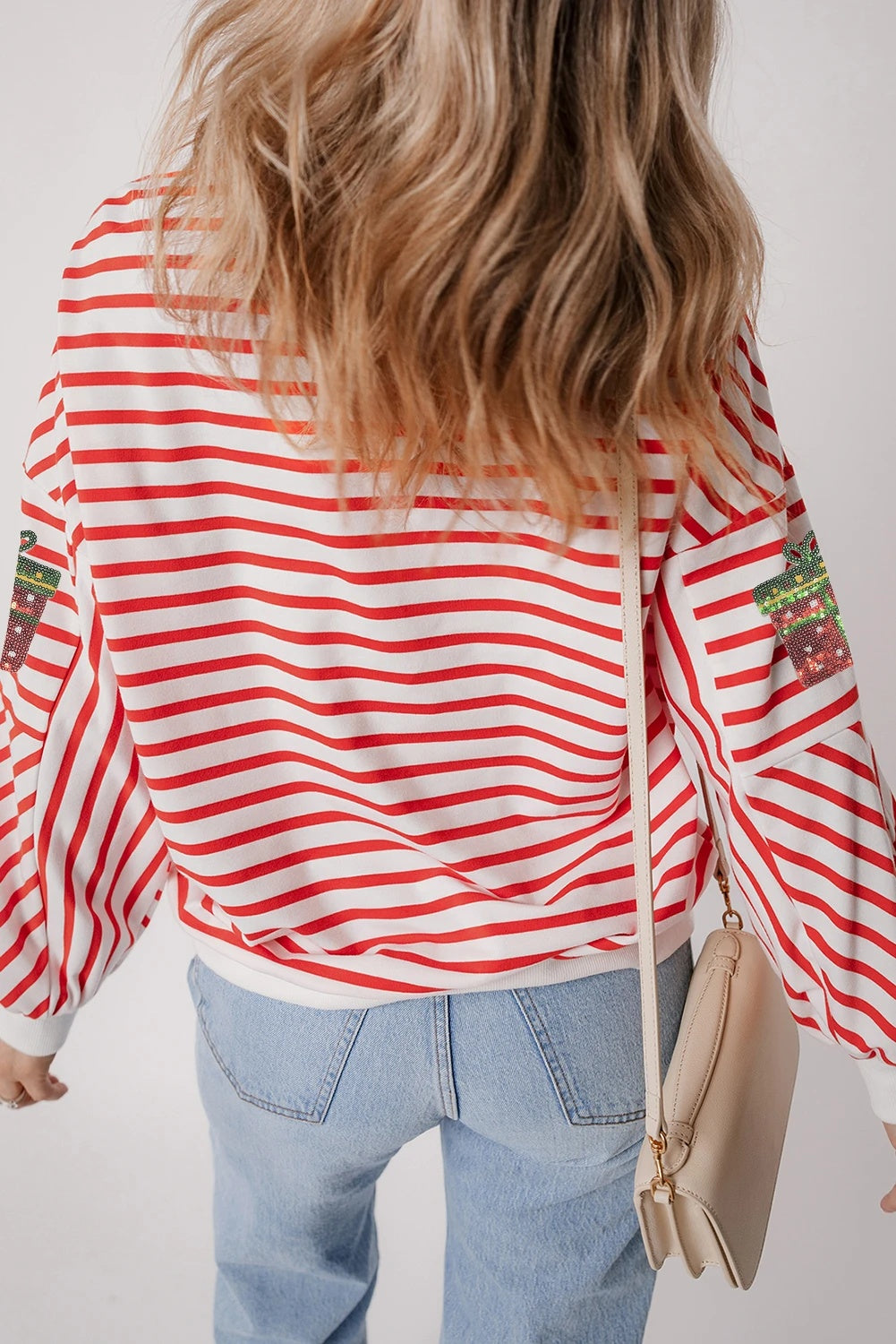 Orange Stripe Sequin Christmas Gift Patch Drop Shoulder Sweatshirt