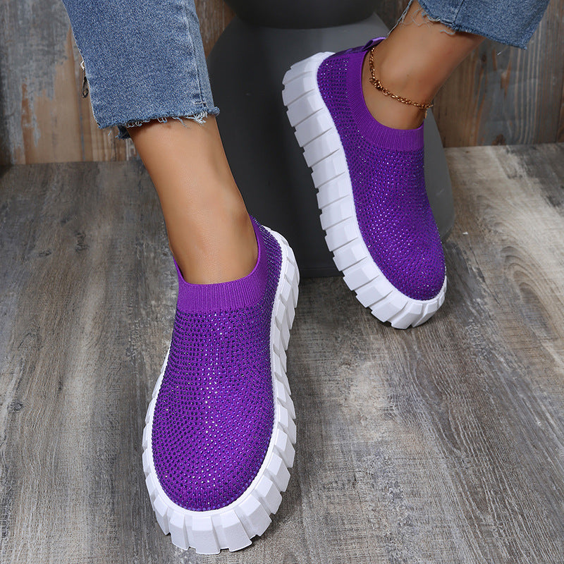 Large Size Thick Bottom Rhinestone Solid Color Mesh Casual Shoes