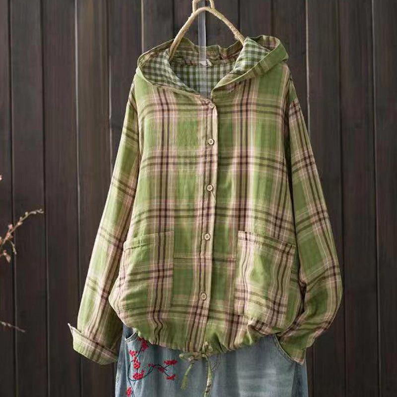 New Korean-style Oversized Artistic Retro Casual Plaid Cotton-linen Double-layer Shirt With A Hood