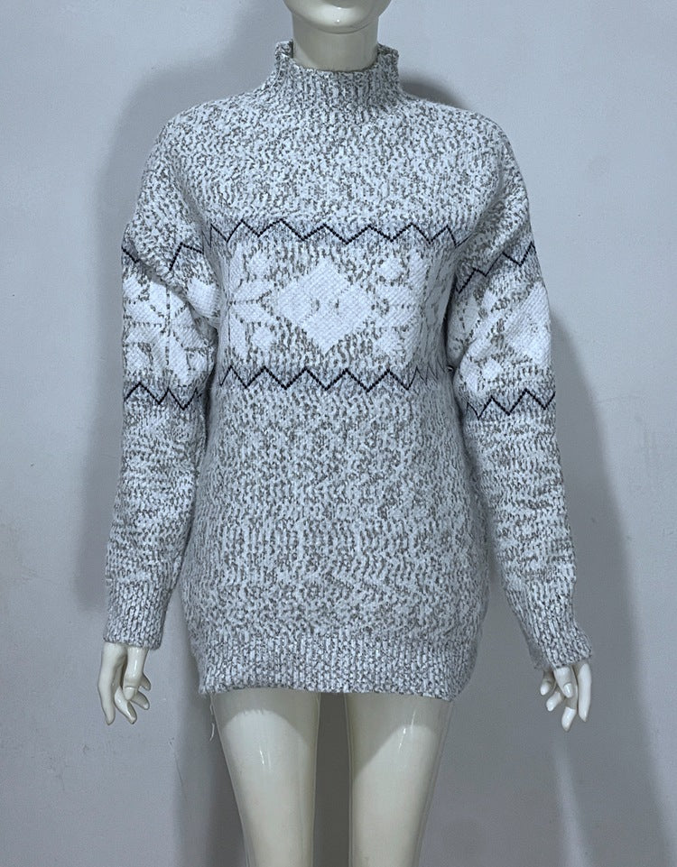 Embroidered Jacquard Pullover Loose Bottoming Shirt Mock Neck Sweater Coat
