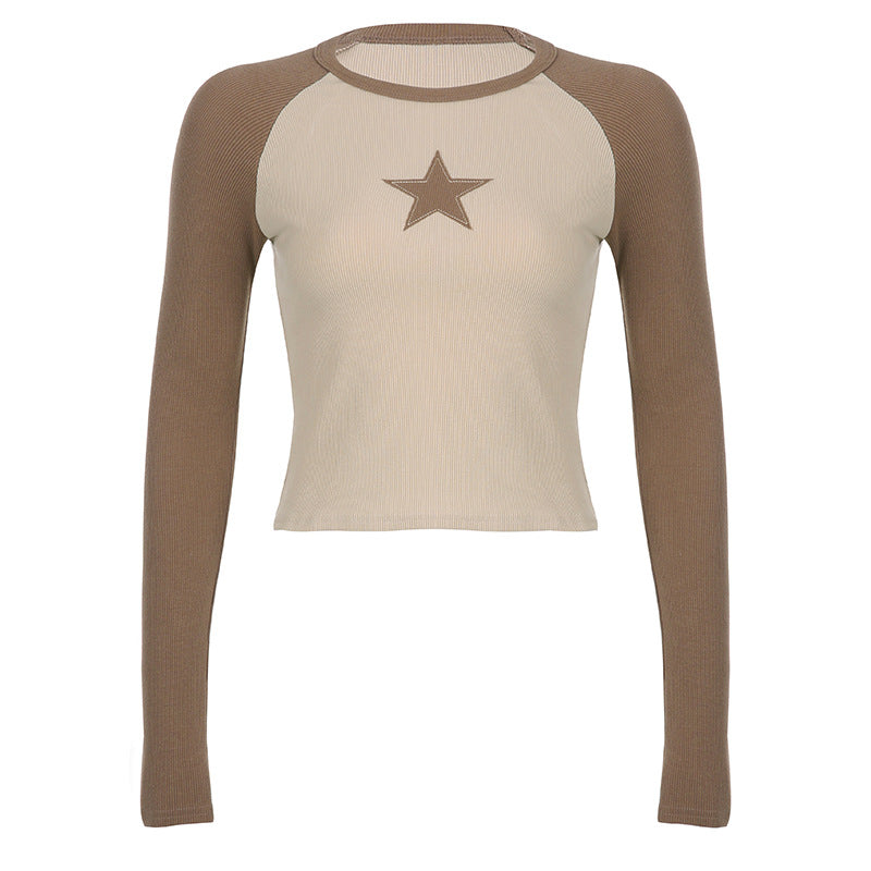 Stjerner Patchwork Langærmede T-shirts Dame Slim Toppe