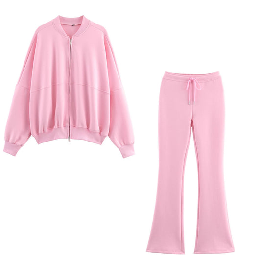 Womens Pilot Jacket Double-Face Fabric Flare Pants Casual Trendy Set