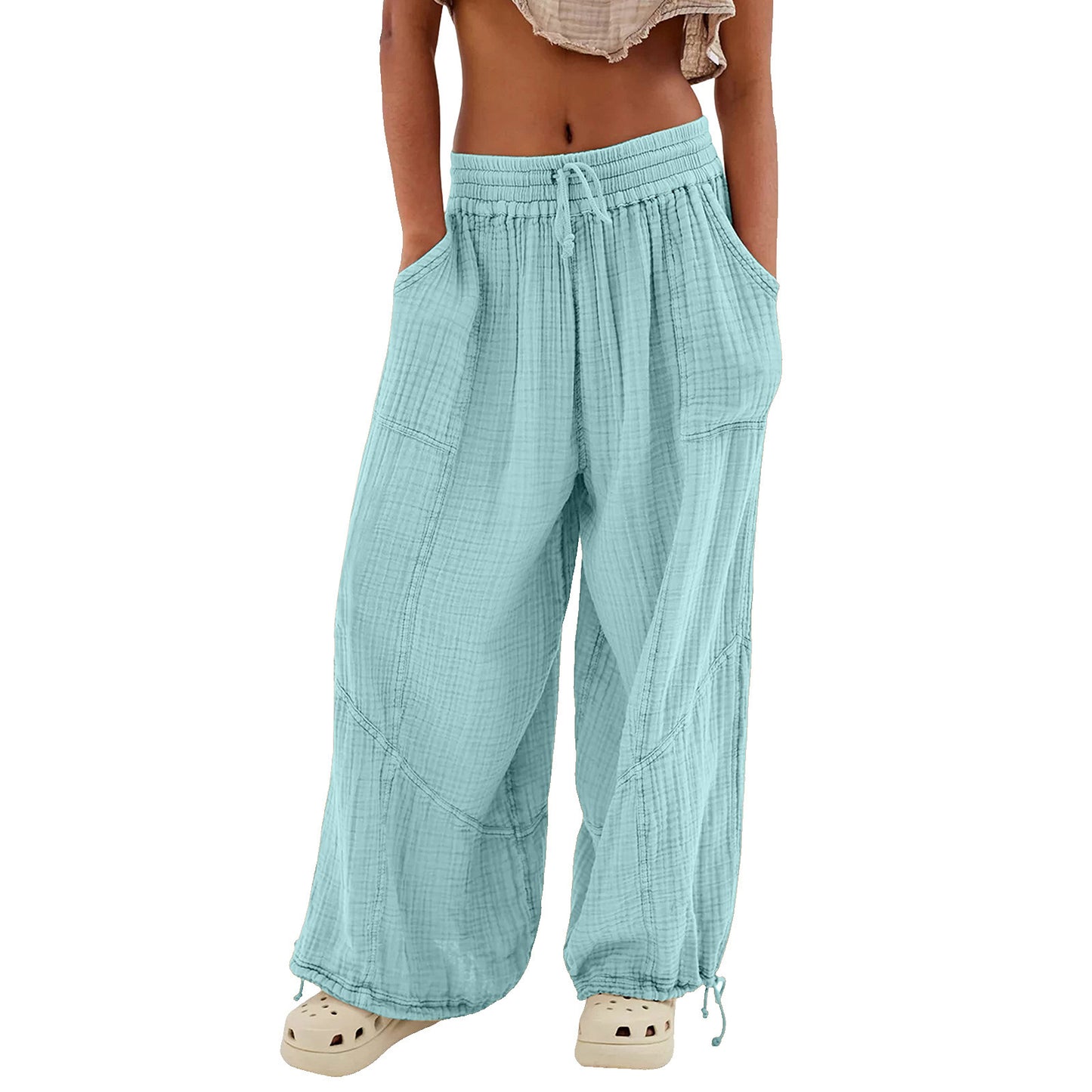 Women's Fashion Solid Color Lace-up Pocket Wide Leg Pants