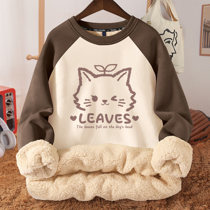 Women's Autumn And Winter Fleece-lined Thickened Hooded Berber Fleece Coat Contrast Color Raglan