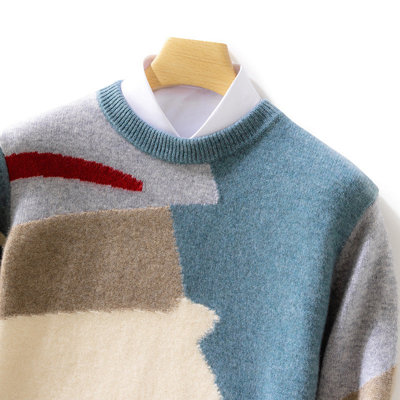 Fall Winter Men Round Neck Contrast Color Style Woolen Sweater
