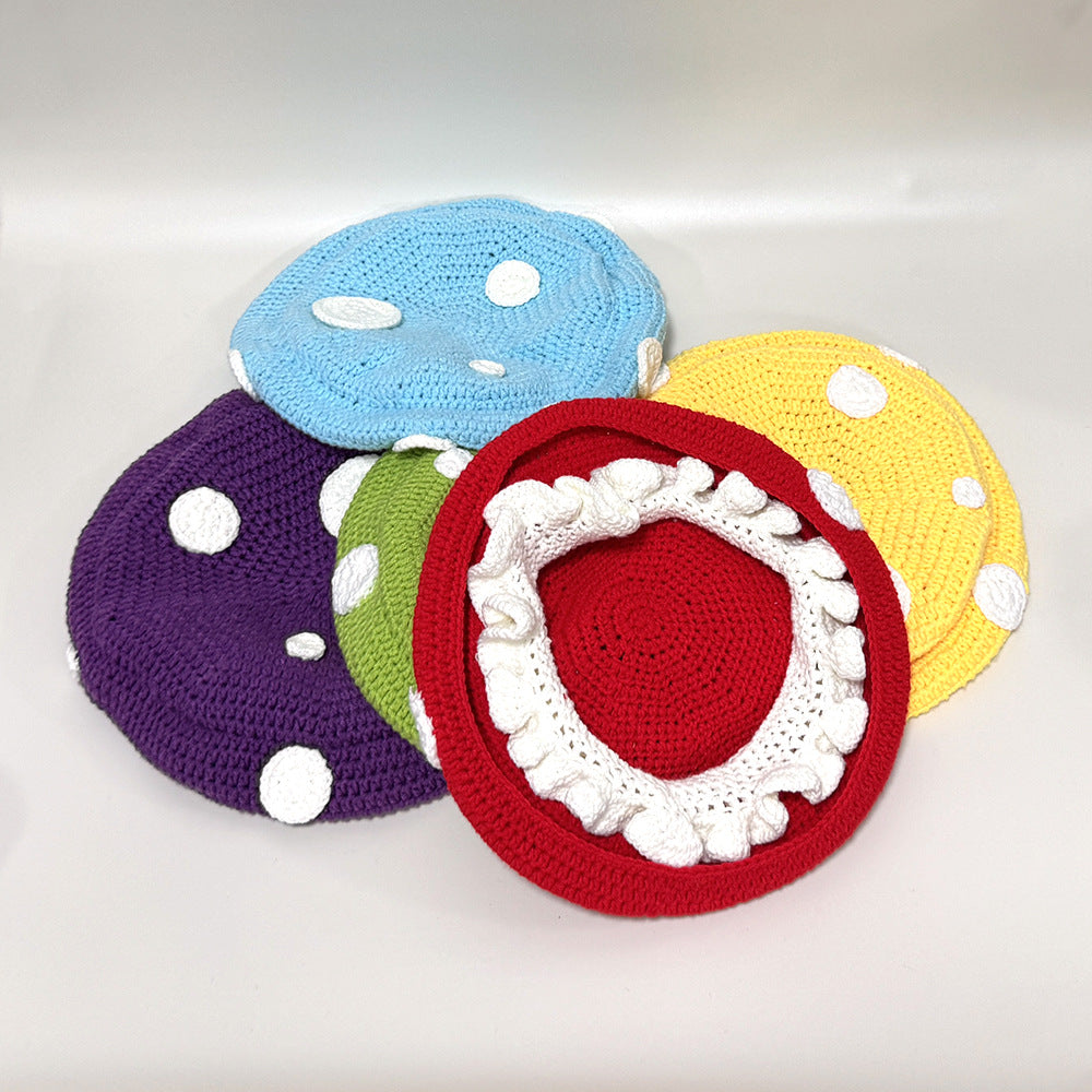 Sweet Cute Mushroom Beret Children Hand Crocheted Polka Dot