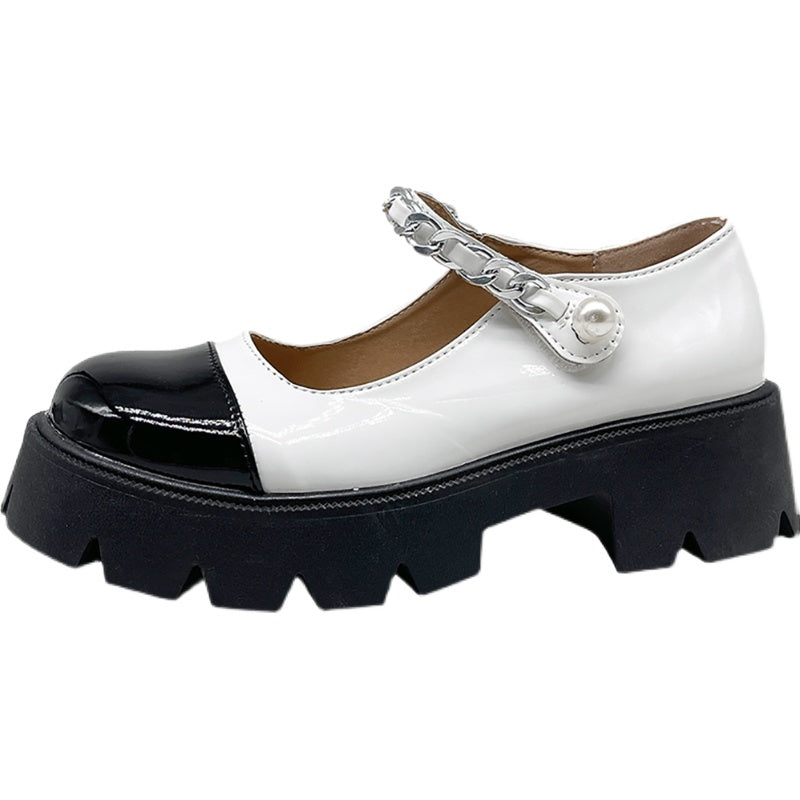 Spring And Summer Round Toe Chain Platform Small Leather Shoes
