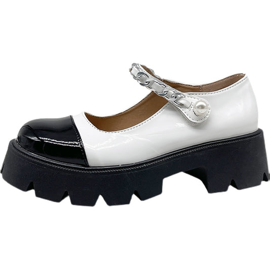 Spring And Summer Round Toe Chain Platform Small Leather Shoes