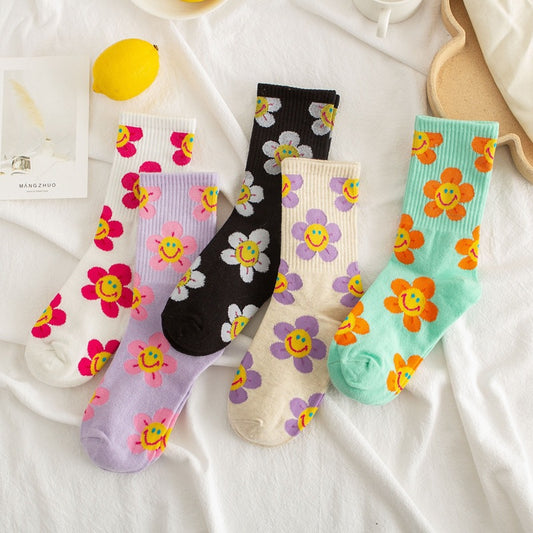 Socks Women's Smiling Flower Female Middle Tube Socks SUNFLOWER Jacquard Socks