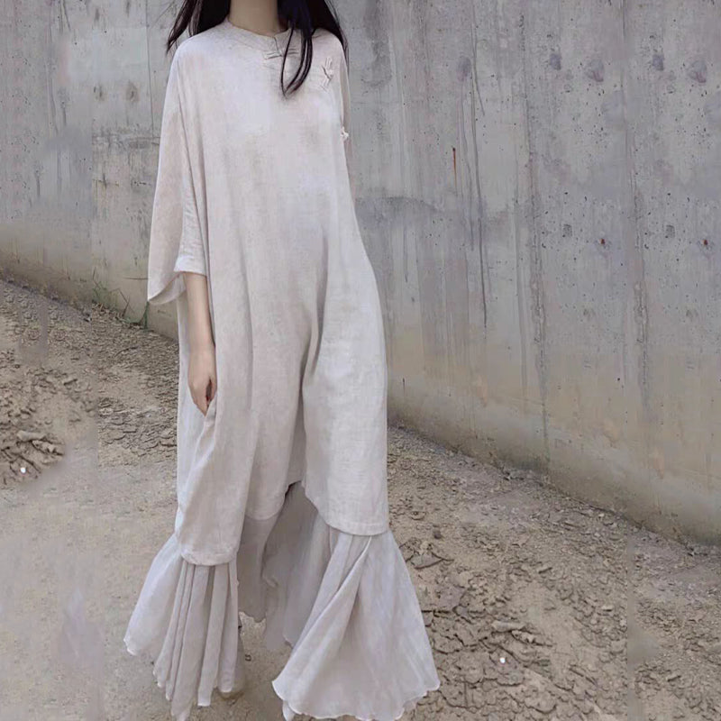 Cotton-Linen Artistic Retro Slant-Collar Button-Front Zen-Style Short-Sleeve Dress