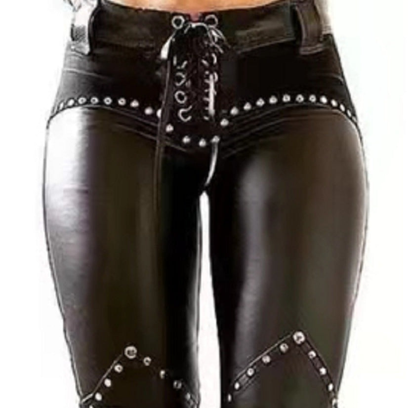 New Women's Riveted PU Leather Pants Solid Casual