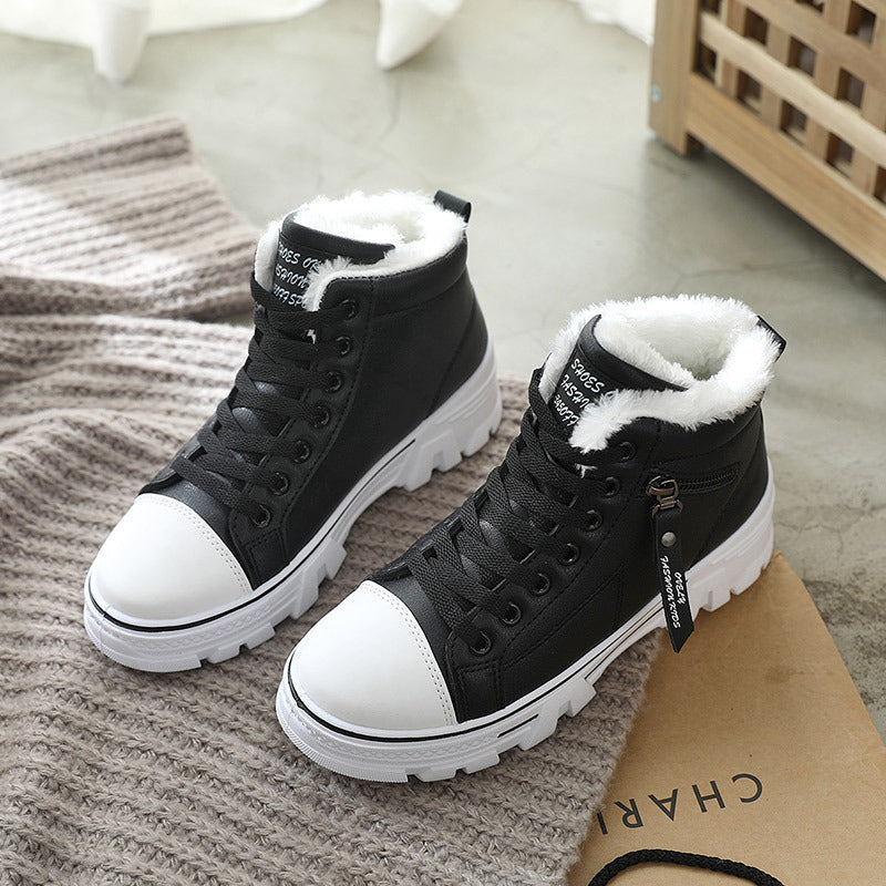High-top Leather Martin Short Boots Plus Velvet White Cotton
