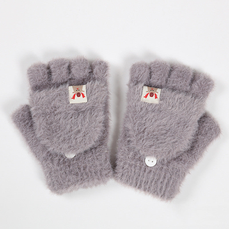 Knitted Plush Flap Half Finger Gloves