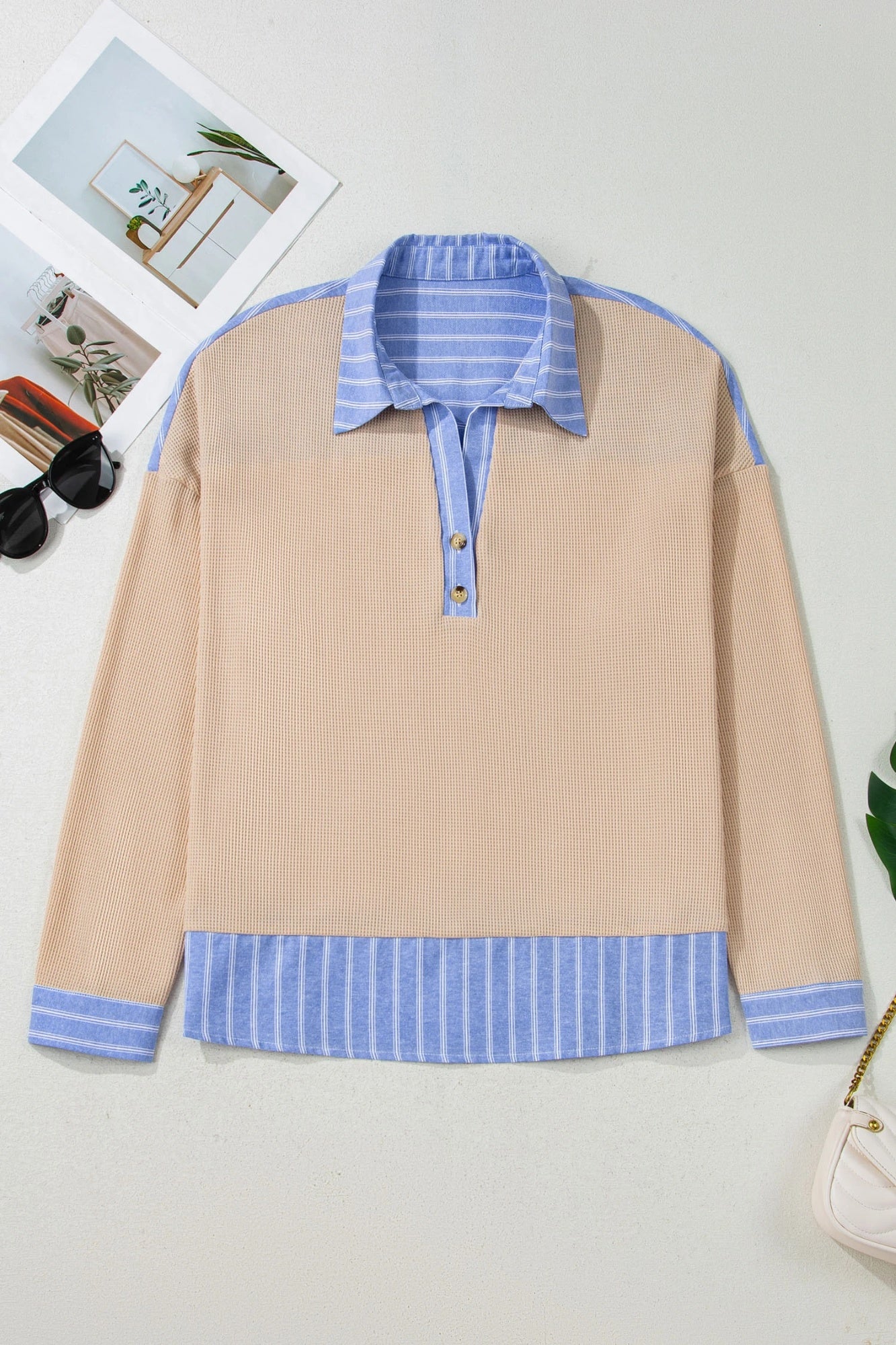 Oversized Striped Knit Turtleneck Top With Parchment Color And Contrast Trim