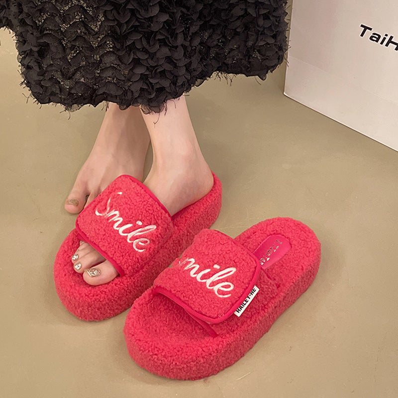 NEW Velcro Letters Thick Bottom Fluffy Slippers Women's Outer Wear