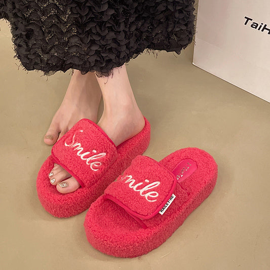 NEW Velcro Letters Thick Bottom Fluffy Slippers Women's Outer Wear