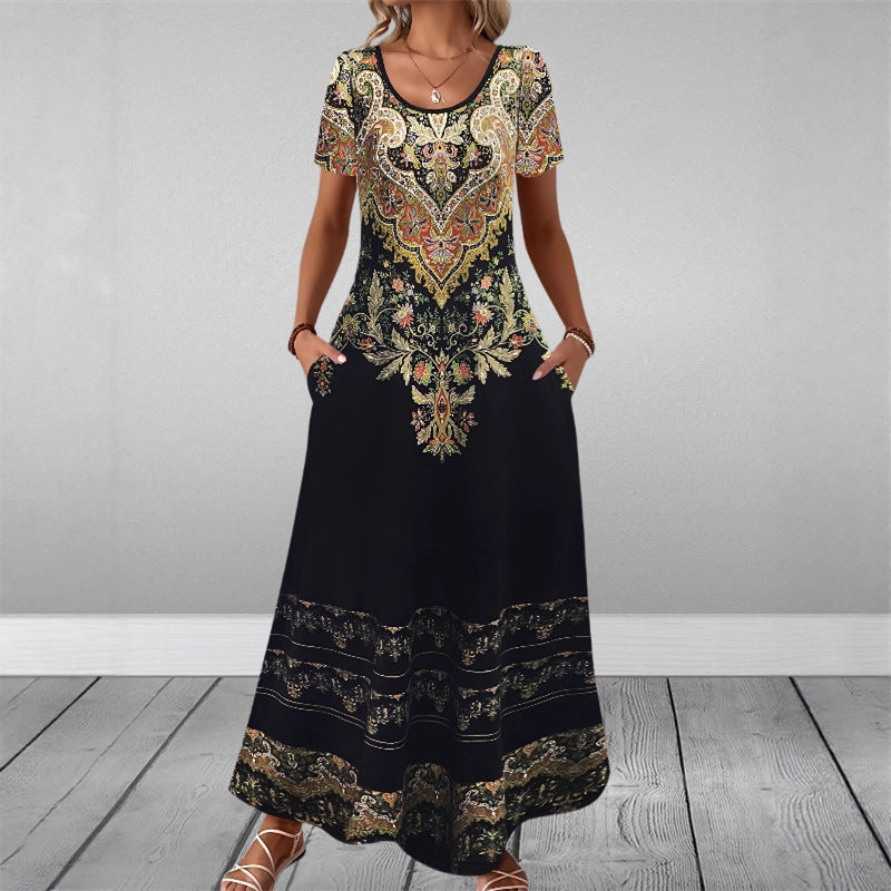 Round-neck Short-sleeve Printed Dress With Patch Pockets
