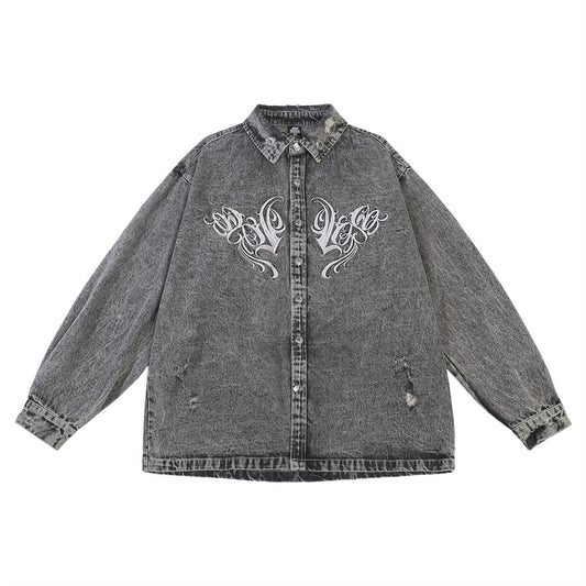 Washed And Worn Worn Hole Denim Shirt Jacket