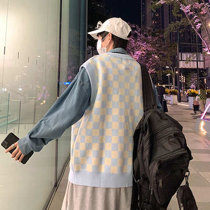 V-Neck Couple Vest Chessboard Knit Coat