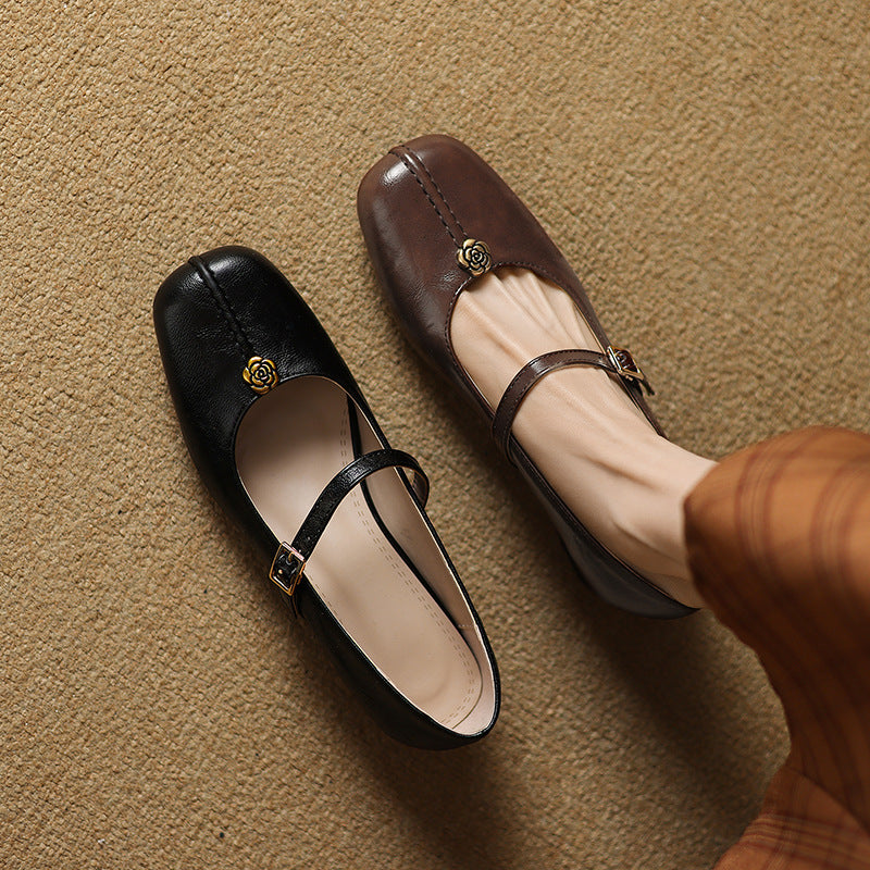The Woman Is Wearing Low-heeled Mary Jane Shoes