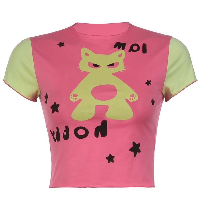 Hot Girl Fashion Umbilical Cord Street Style Tide Cat Print Color Collision T-shirt