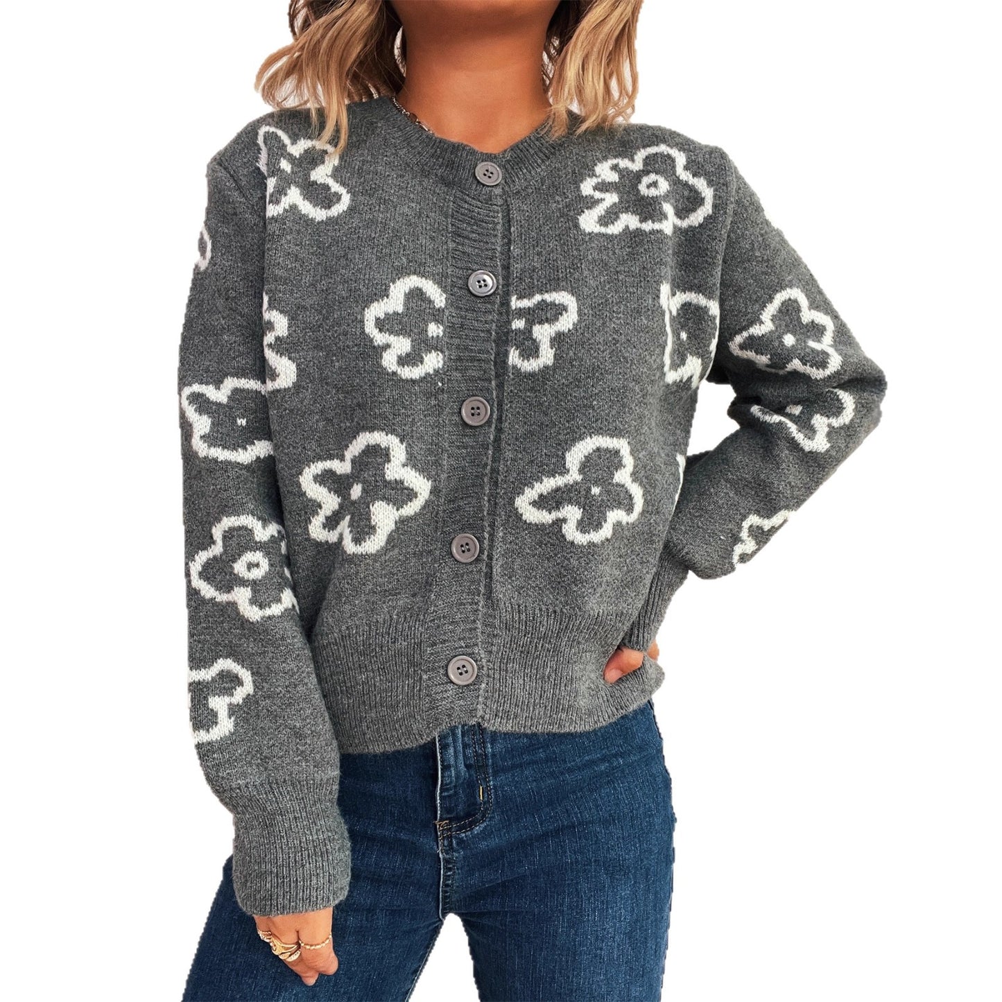 Casual Flower Jacquard Short Single-breasted Knitted Sweater
