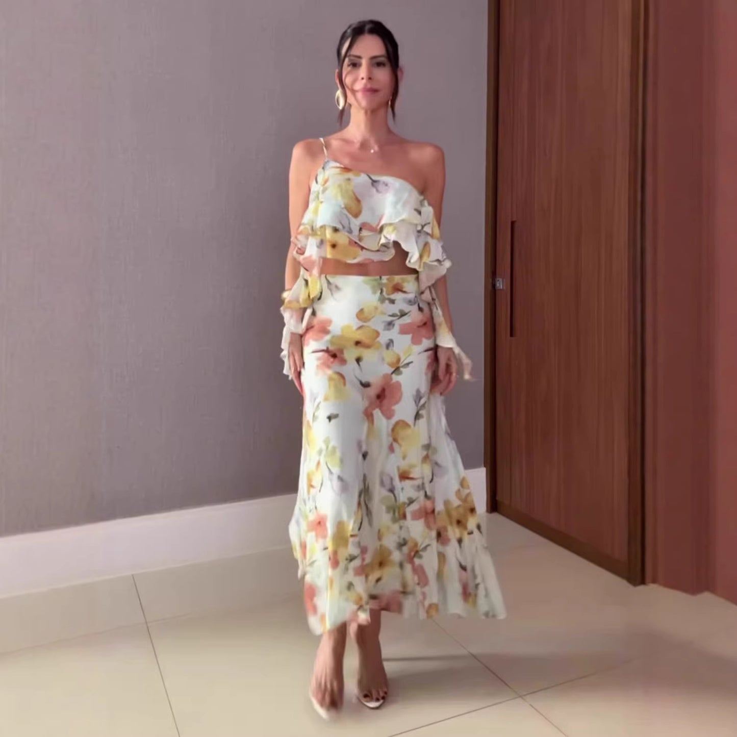 Printed Off-shoulder Camisole Top And Skirt Two-piece Set