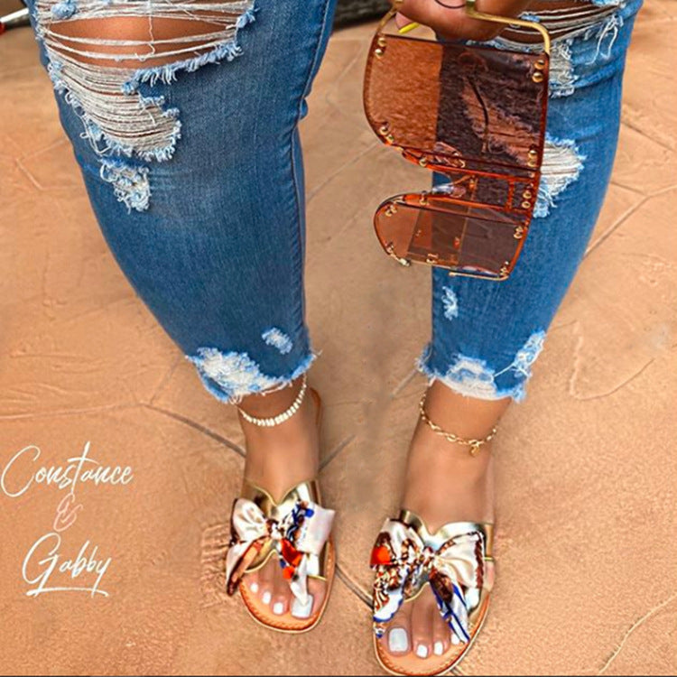 Flat printed bow sandals slippers