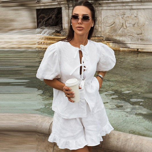 New Stylish Casual Set Cardigan Top With Ruffled Trim And Three-quarter-length Pants
