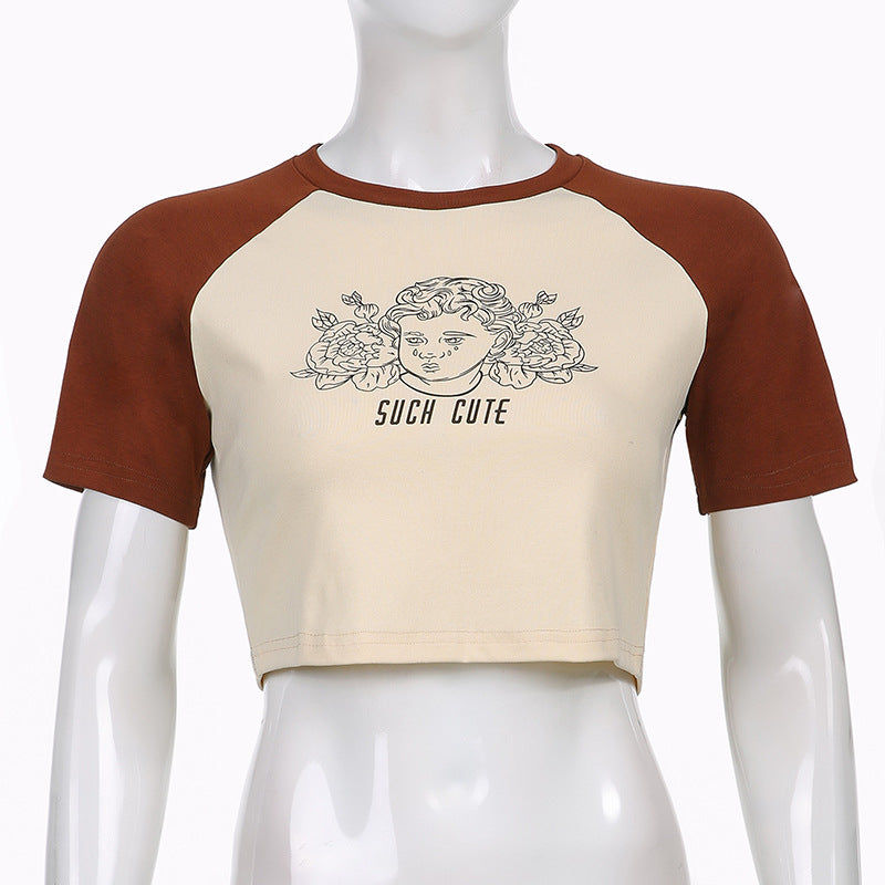 European And American Fashion Retro Round Neck Brown T-shirt