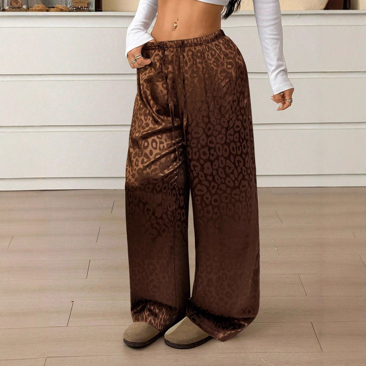 Drawstring Leopard Print Mop Wide Leg Pants