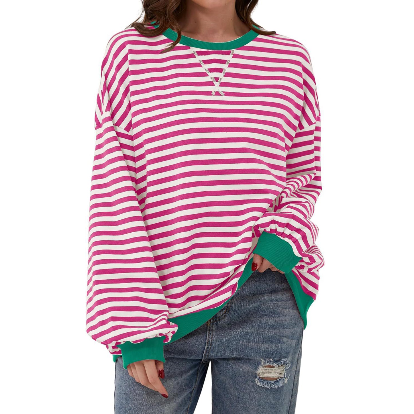Løs stribet langærmet T-shirt afslappet pullover sweater til dametøj